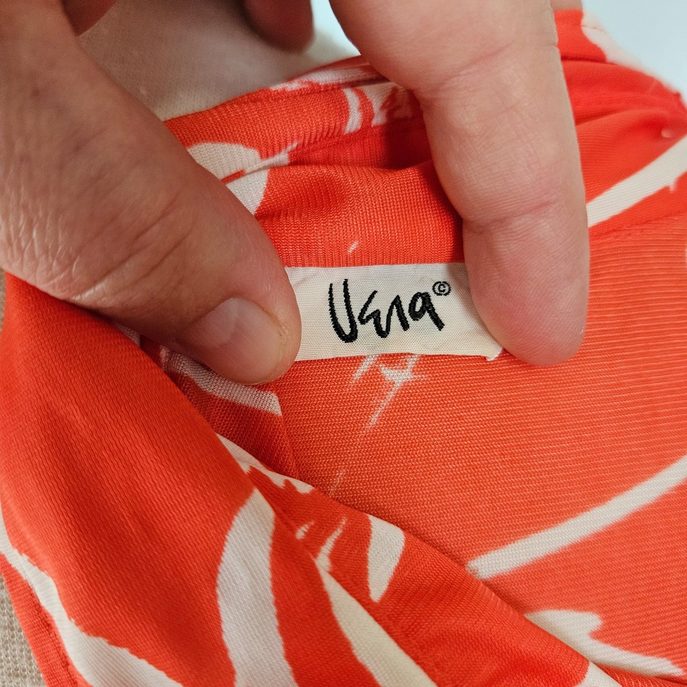 Vera Neumann Vintage 70s Orange Red White Rose Floral Dagger Collar Blouse M - Picture 7 of 8